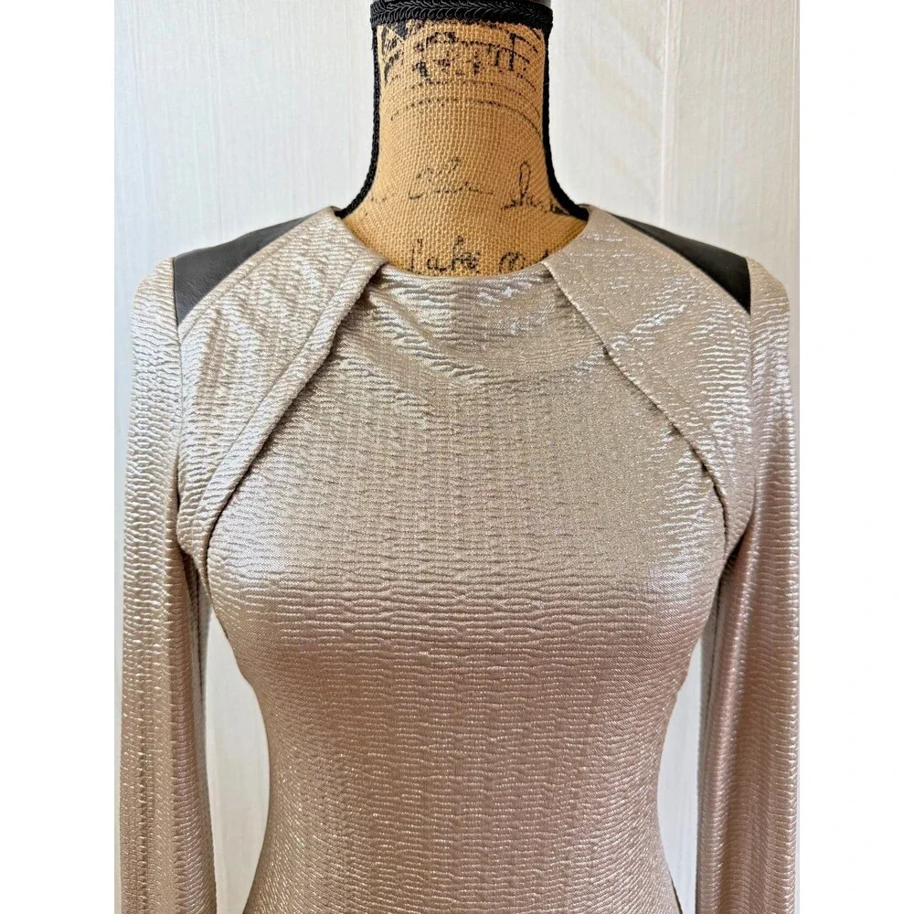 Cut25 Yigal Azrouël Gold Metallic Textured Dress Lambskin Trim Long Sleeve S